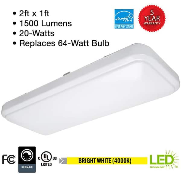 24 in. x 10 in. Rectangular Light Fixture LED Flush Mount 1500 Lumens 4000K Bright White Kitchen Lighting Basement