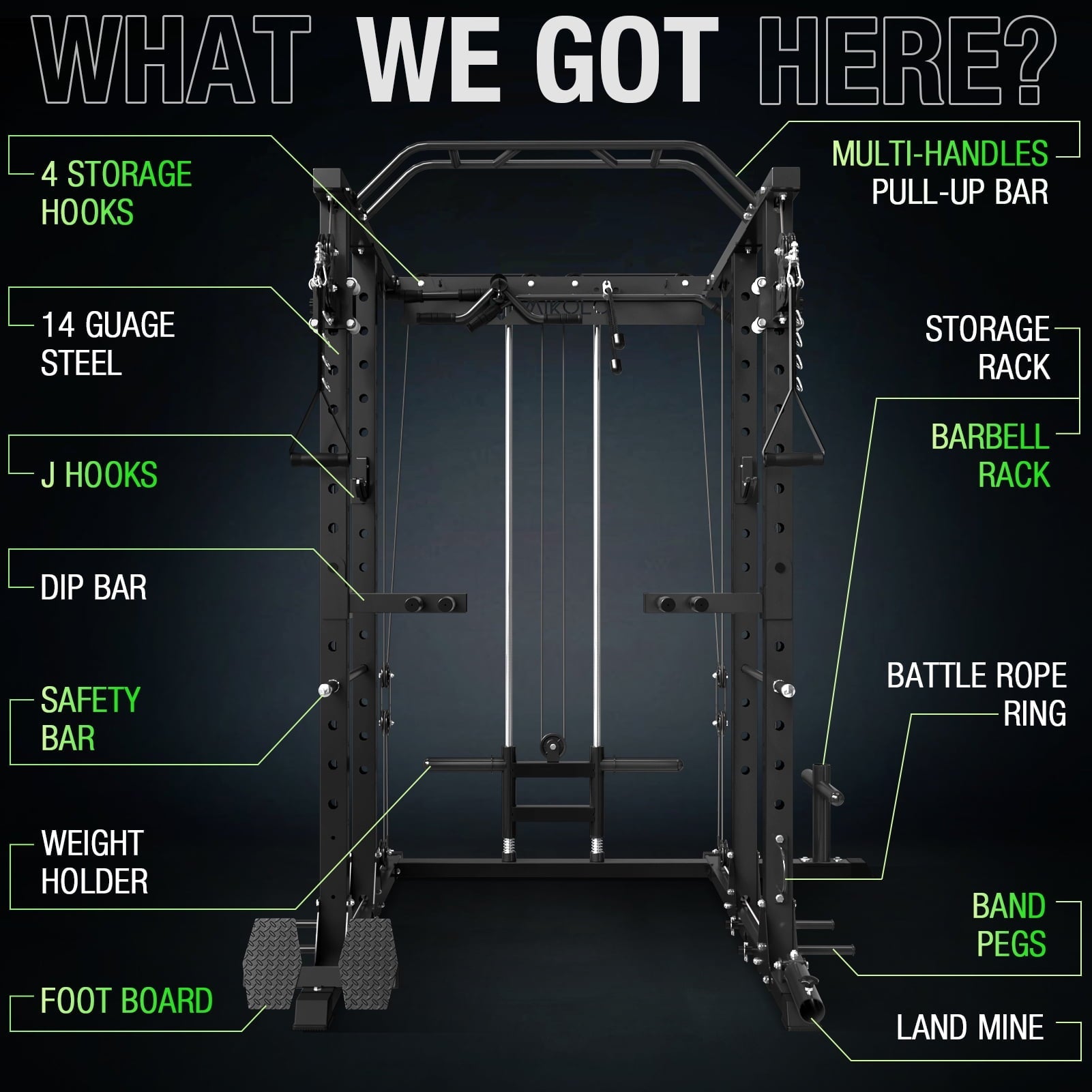 Mikolo Power Rack Cage, 1500 lbs Weight Rack with Cable Crossover Machine,Multi-Function Squat Rack with J Hooks,Dip Bars and Landmine for Home Gym (Black)