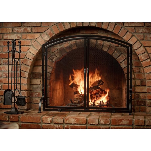 Black Wrought Iron 39 in. W Single-Panel Durable Fireplace Screen with Doors and Heavy Guage Mesh