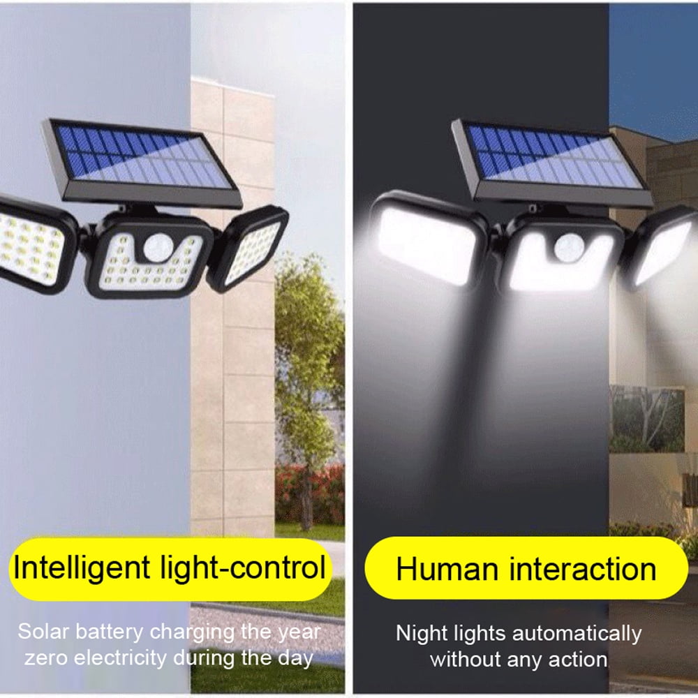 Eccomum Solar Light Outdoor, 6500K Solar Motion Sensor, 3 Head Security Lights Solar Powered, IP65 Waterproof, 2 Pack