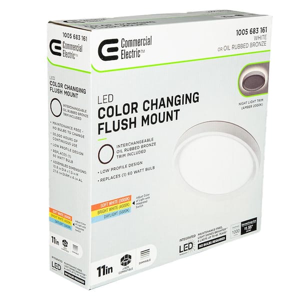 11 in. White, Oil Rubbed Bronze Trims 1000 Lumens LED Flush Mount Ceiling Light Fixture with Night Light Adjustable CCT