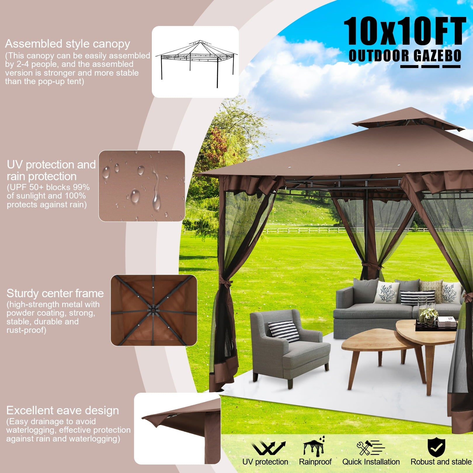 SANOPY 10' x10' Canopy Gazebo, Assembled Style Wrought Iron Gazebo Tent Can Accommodate 6-10 People with 4 Detachable Mosquito Net Side Walls, Rainproof&Sunproof Canopy Tent For Garden, Yard, Beach