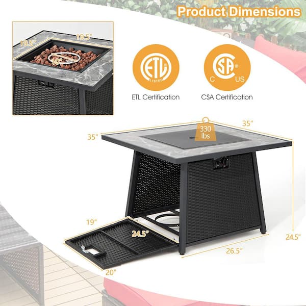 35 in. Propane Gas Fire Pit Table Patio PE Wicker Rattan w/Lava Rocks PVC Cover
