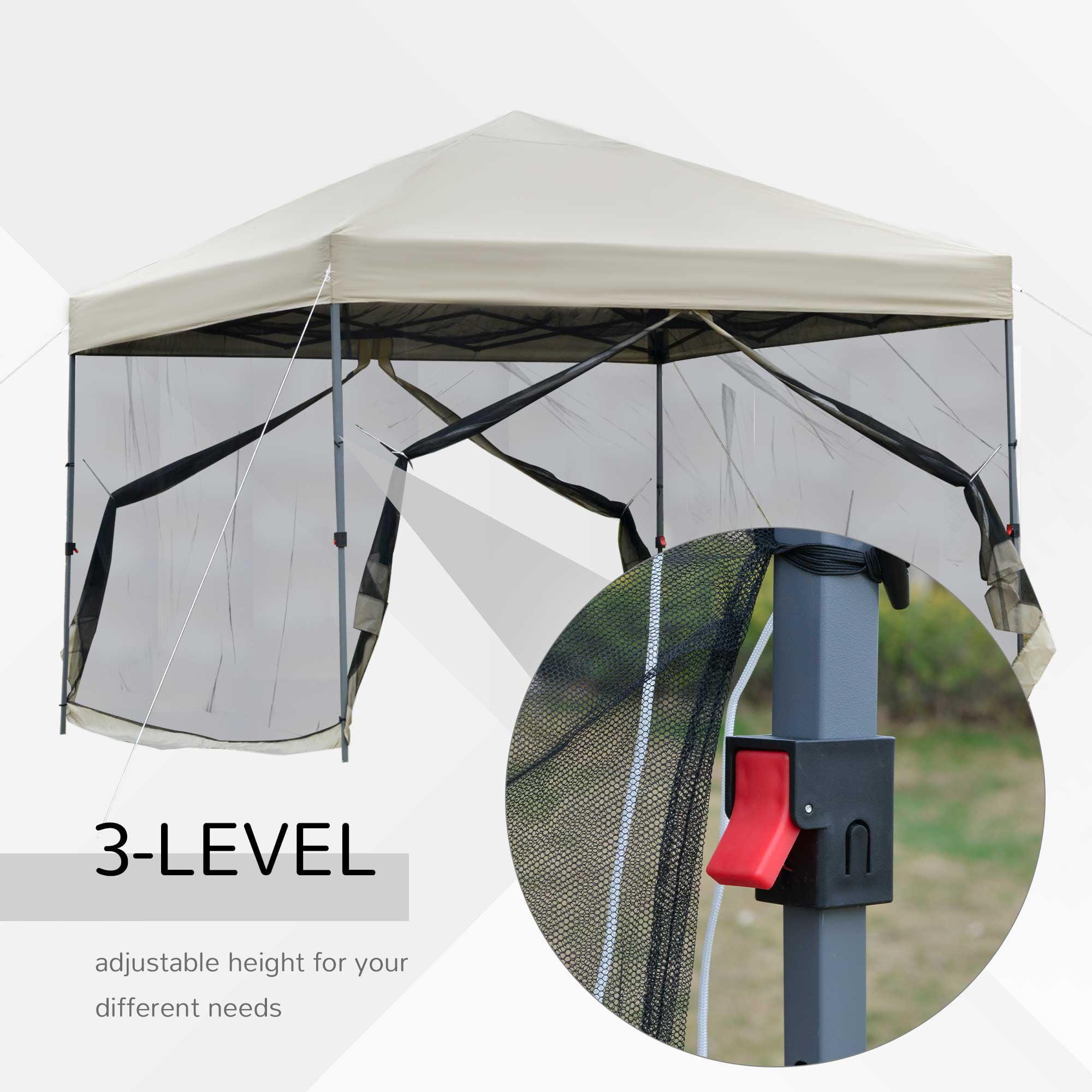 Outsunny 10' x 10' Pop Up Canopy Tent, Tents for Parties with Netting and Wheeled Carry Bag, Height Adjustable Instant Sun Shelter, for Outdoor, Garden, Patio, Beige