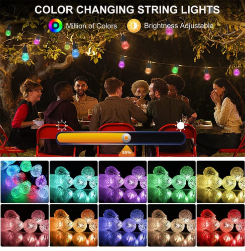 2 Pack Outdoor String Lights - 49FT Dimmable Colored Multicolor