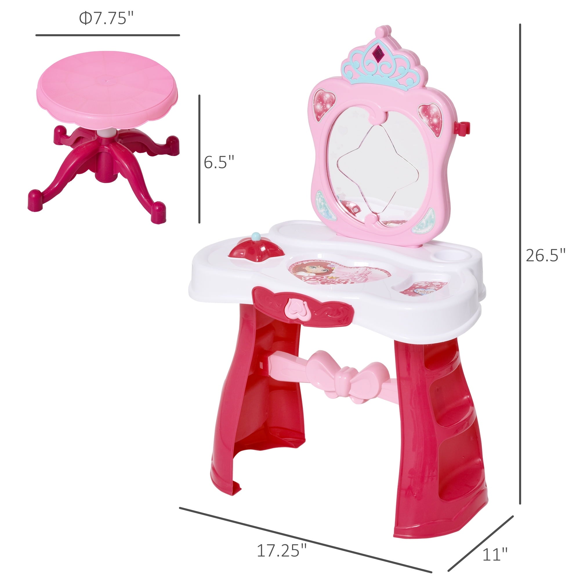 Qaba Children Dressing Table Set for Kids of 3-6 Years Dream Princess Vanity Set for Girls Make Up Table and Stool Set with Music and Lightening Pink White