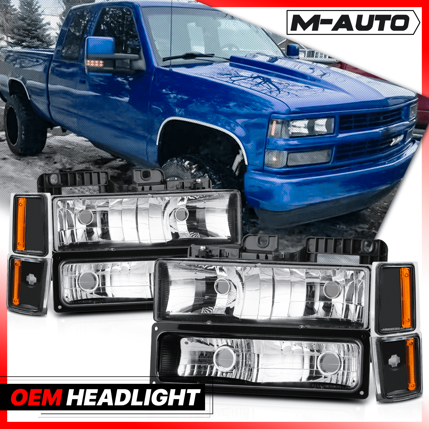 M-AUTO Left+Right Headlight Assembly for 1988-1993 Chevy C1500/C2500/C3500/K1500/K2500/K3500, 1992-1993 Chevy C1500/C2500/K1500/K2500 Suburban, 1992-1993 Chevy Blazer Full Size