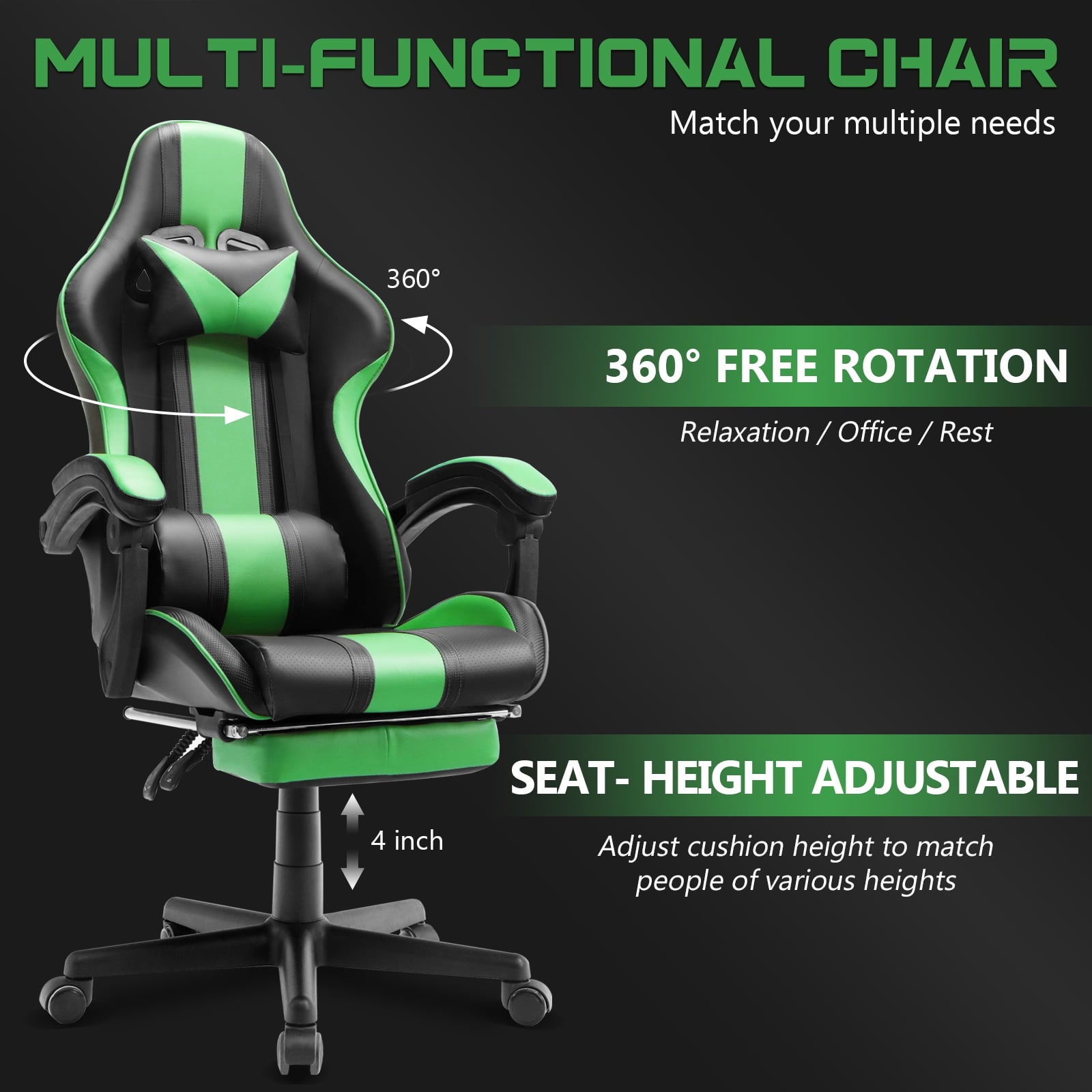 Ferghana Gaming Chair Office Chair, Ergonomic Gamer Game Chair with Footrest & Massage Lumbar Pillow, Reclining Adjustable Height Leather Computer Chair, Green