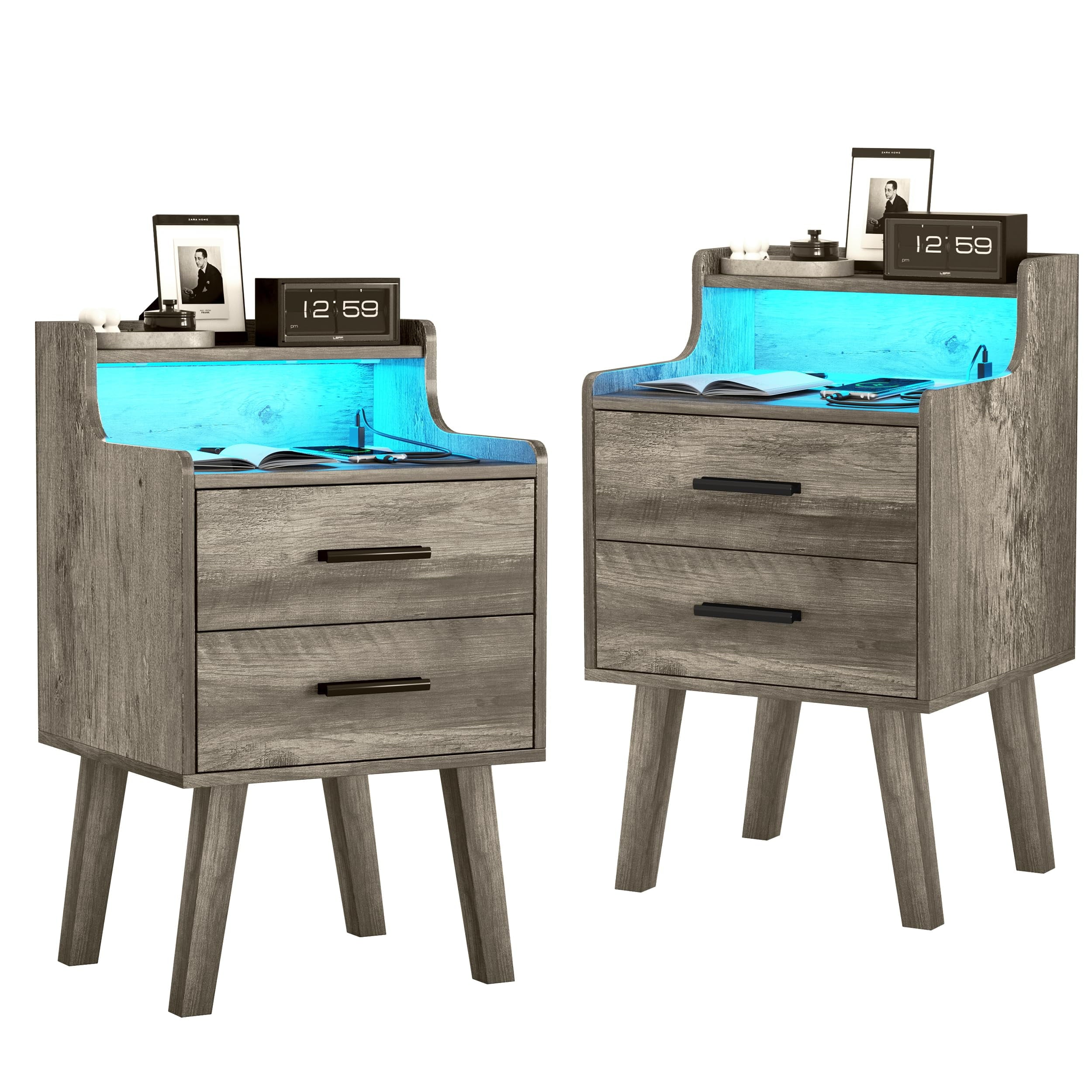 VEANERWOOD White Nightstand with Charging Station, Night Stand Set 2 with Drawers& LED Lights, Bedside Tables with Legs, Modern nightstands for Bedroom