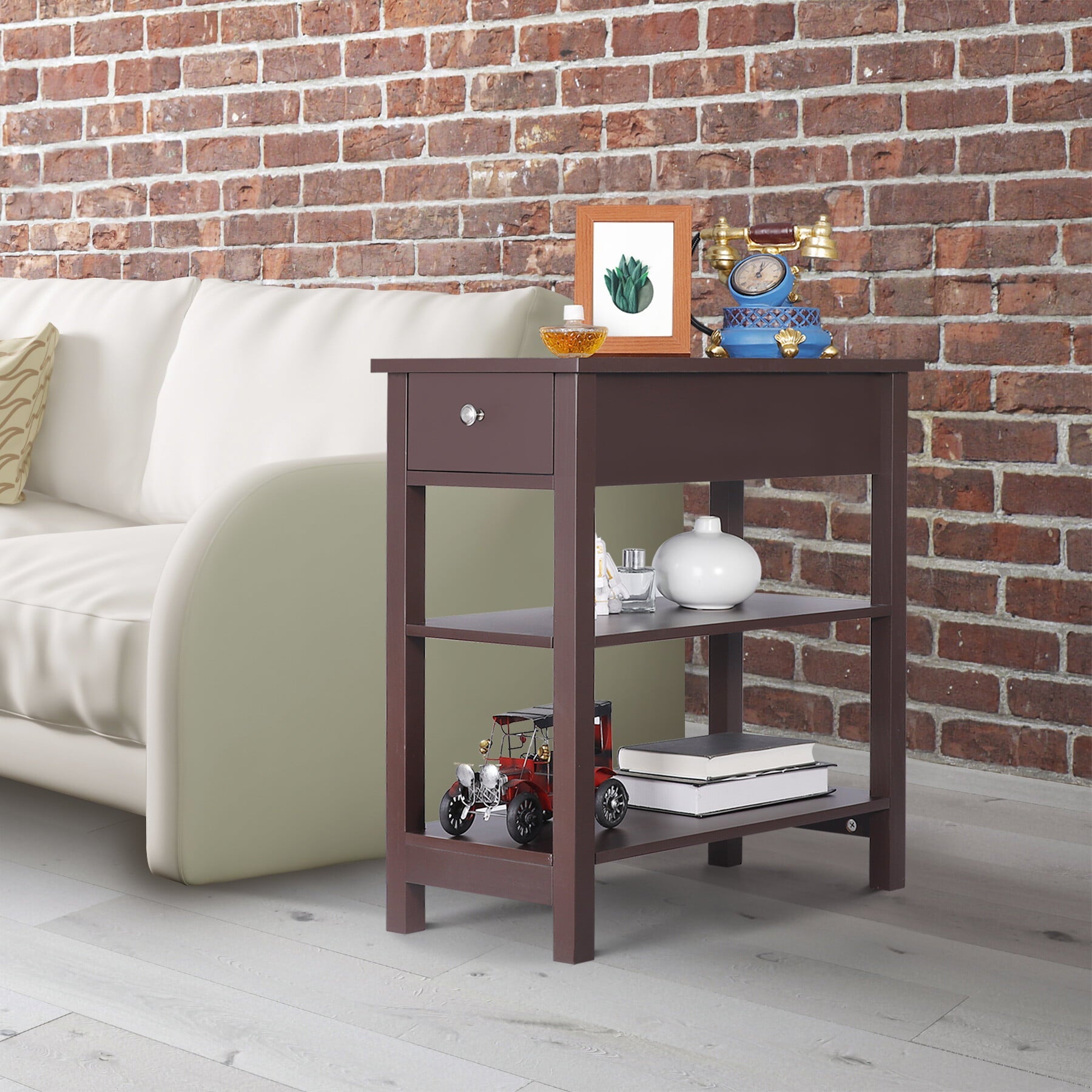 HomGarden 3 Tier Small End Table Modern Narrow Rectangle Sofa Side Table W/Drawer, Espresso