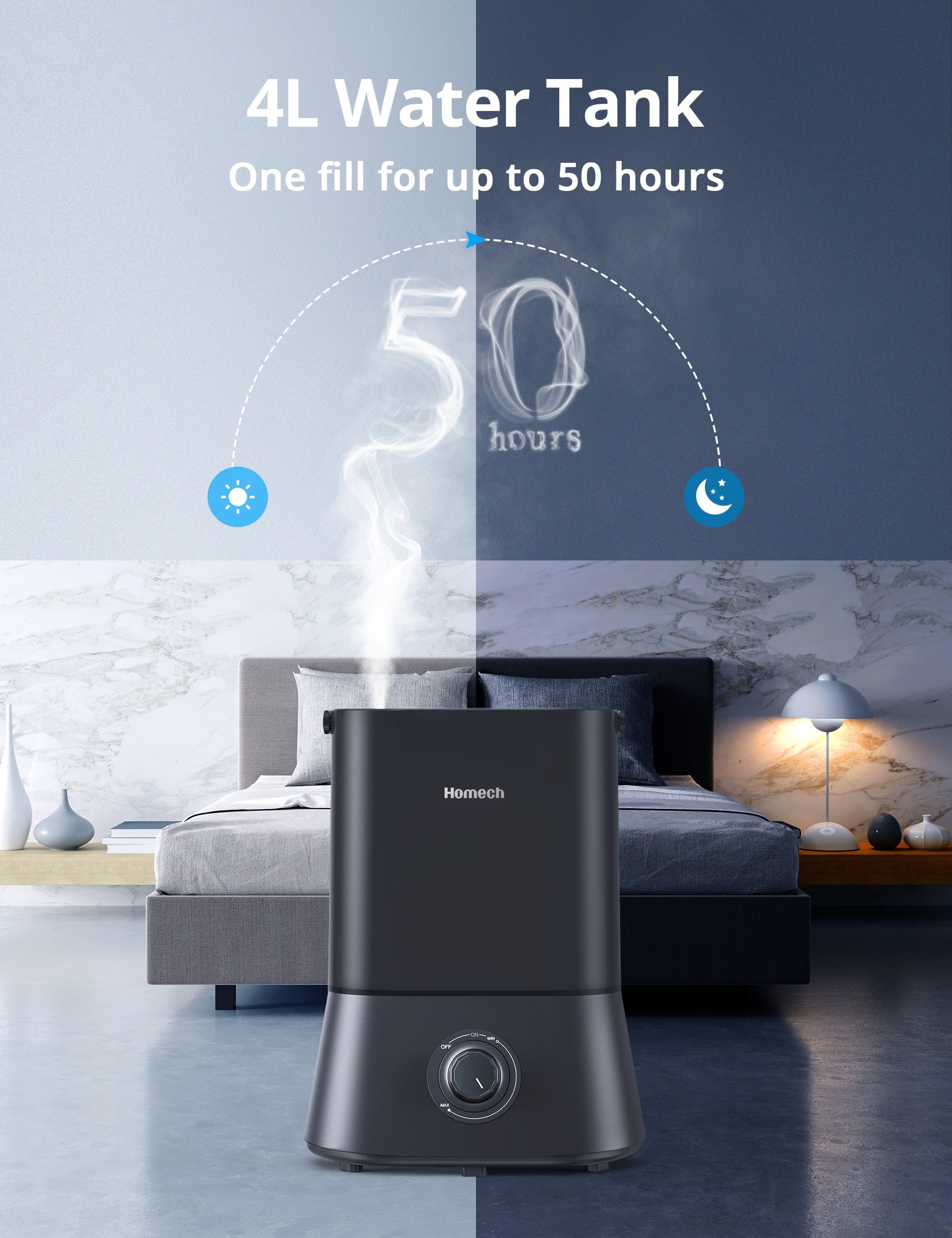 HOMECH Quiet Ultrasonic Cool Mist Humidifier(4L, 1.06 Gallon) 12-60 Hours, 360° Nozzle, Waterless Tank Removal Auto Shut-off (Black)