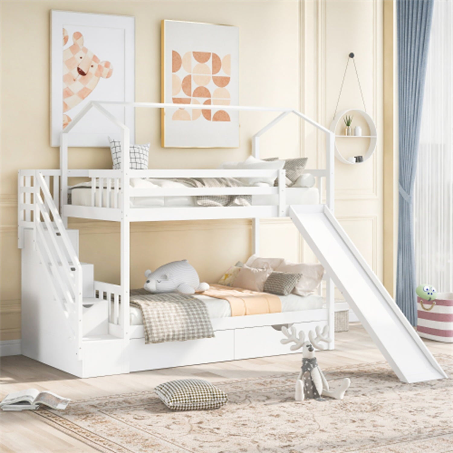 Twin over Twin Bunk Bed with Two Drawers and Storage Staircase Solid Wood Bunk Bed Frame with Slide and Guardrails House Bunk Bed for Kids Teens Boys Girls, Space Saving, White