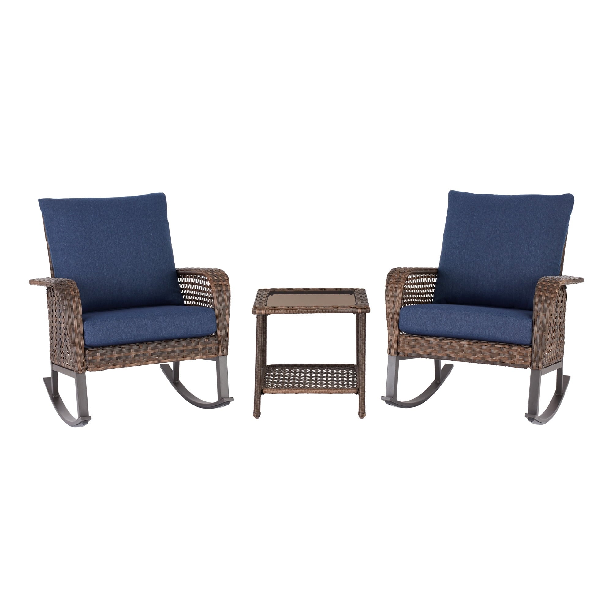 Mainstays Tuscany Ridge 3-Piece Wicker Rocking Chair Outdoor Bistro Set, Blue