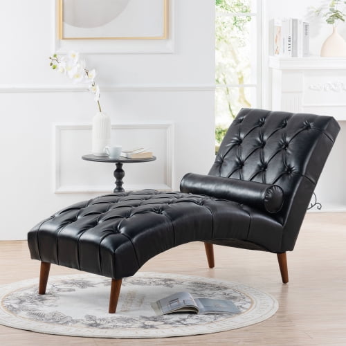 Outdoor Chaise Lounge Chair Upholstered Leather Lounge Chair for Bedroom, Patio, Black