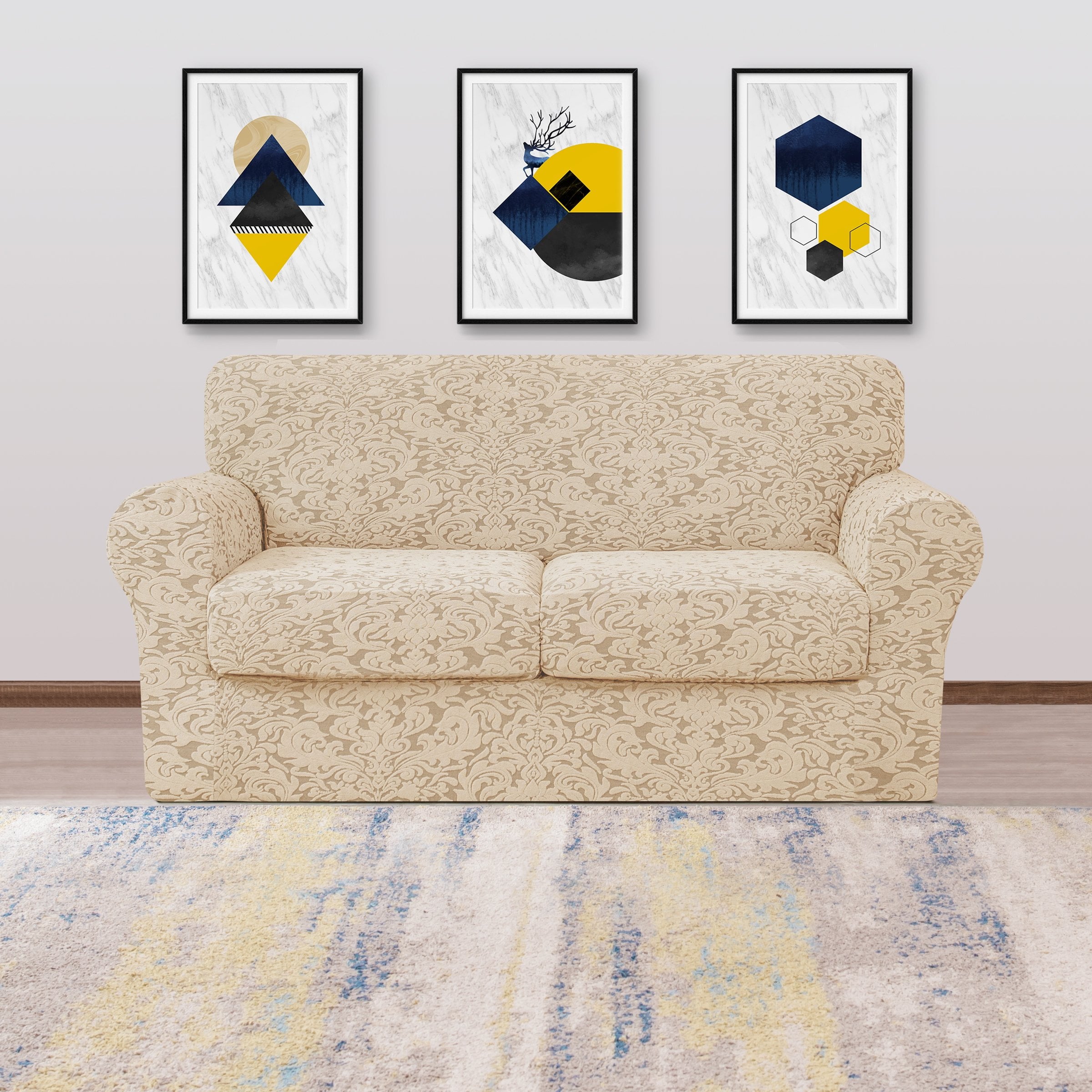 Subrtex Sofa Cover Stretch Jacquard Damask Sofa Cover with 2 Separate Seat Cushion Cover(Loveseat, Linen)