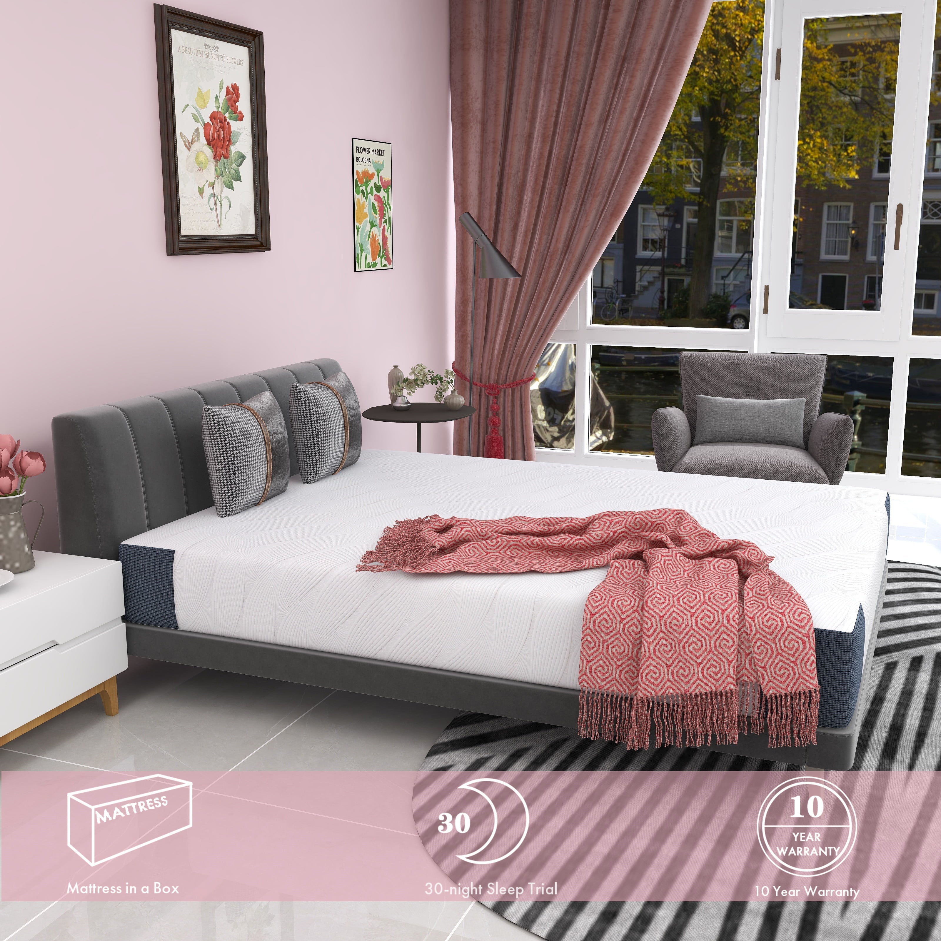 inch Memory Foam & Innerspring Hybrid Mattress, Medium Firm Bed in a Box for Pressure Relief, Queen Mattress