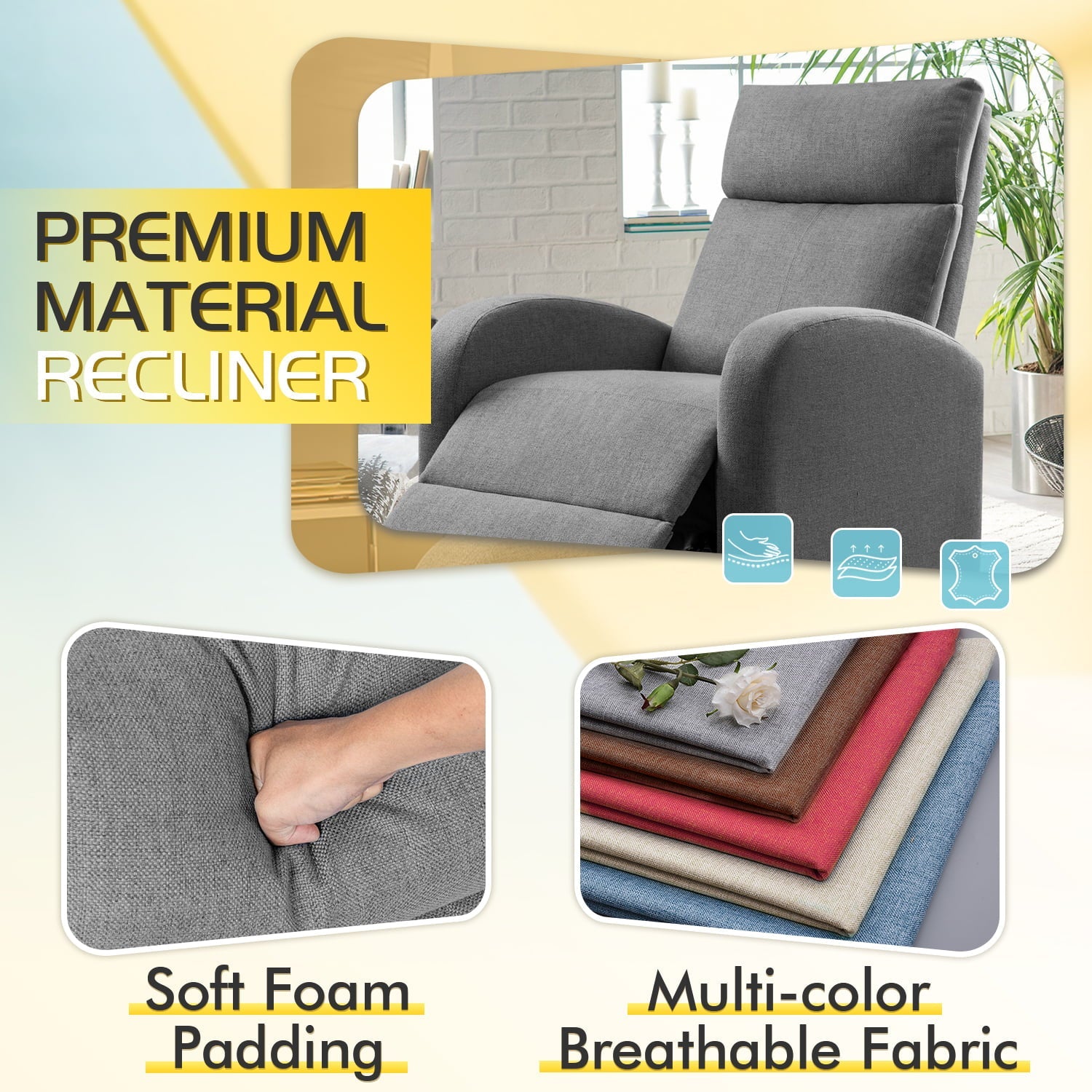 Homall Fabric Recliner Chair Adjustable Modern Home Theater Seating Single Recliner Sofa Living Room Armrest Chair With Thick Cushion
