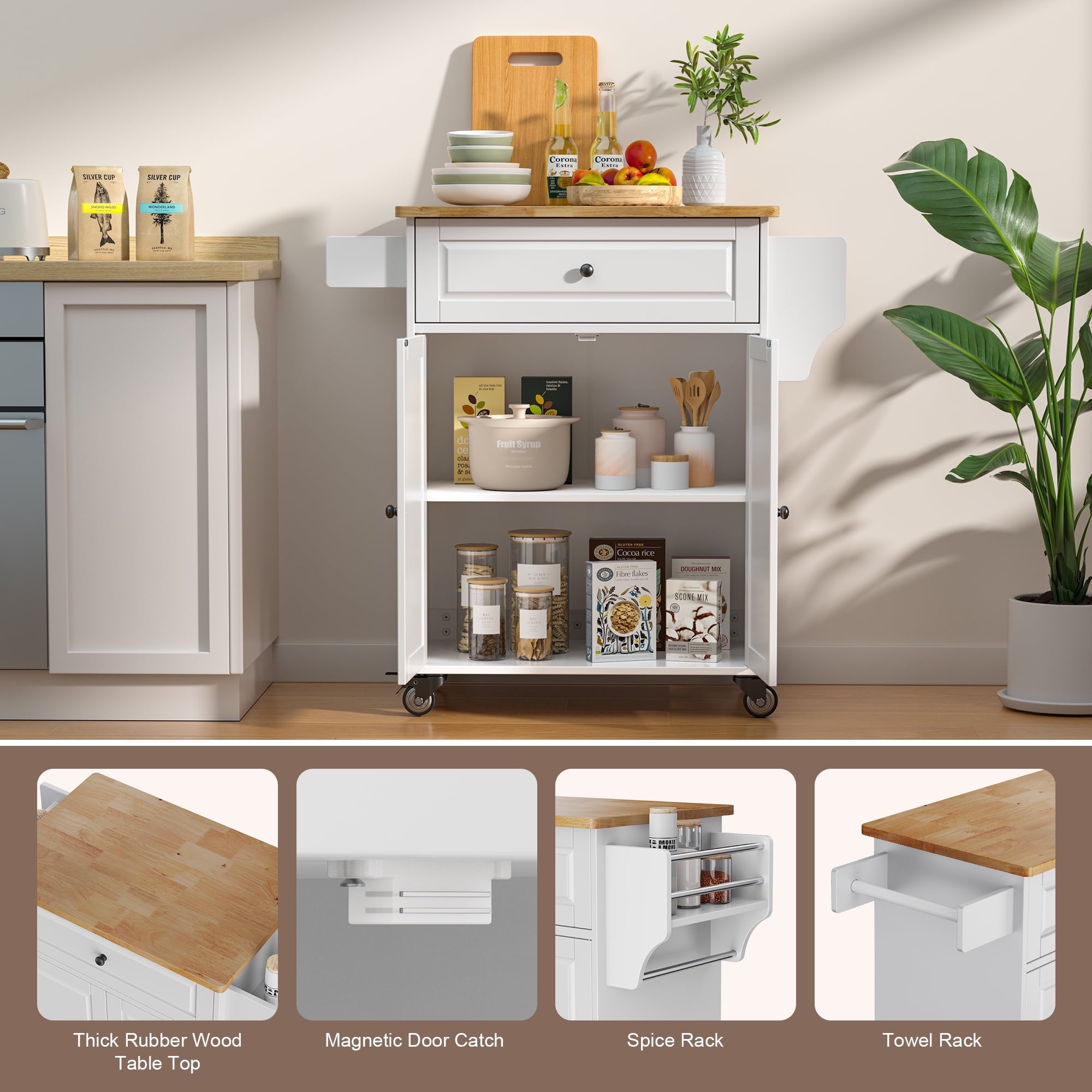 Kitchen Island with Storage on Wheels, Microwave Cart with Spice Rack, Towel Rack & Drawer, White