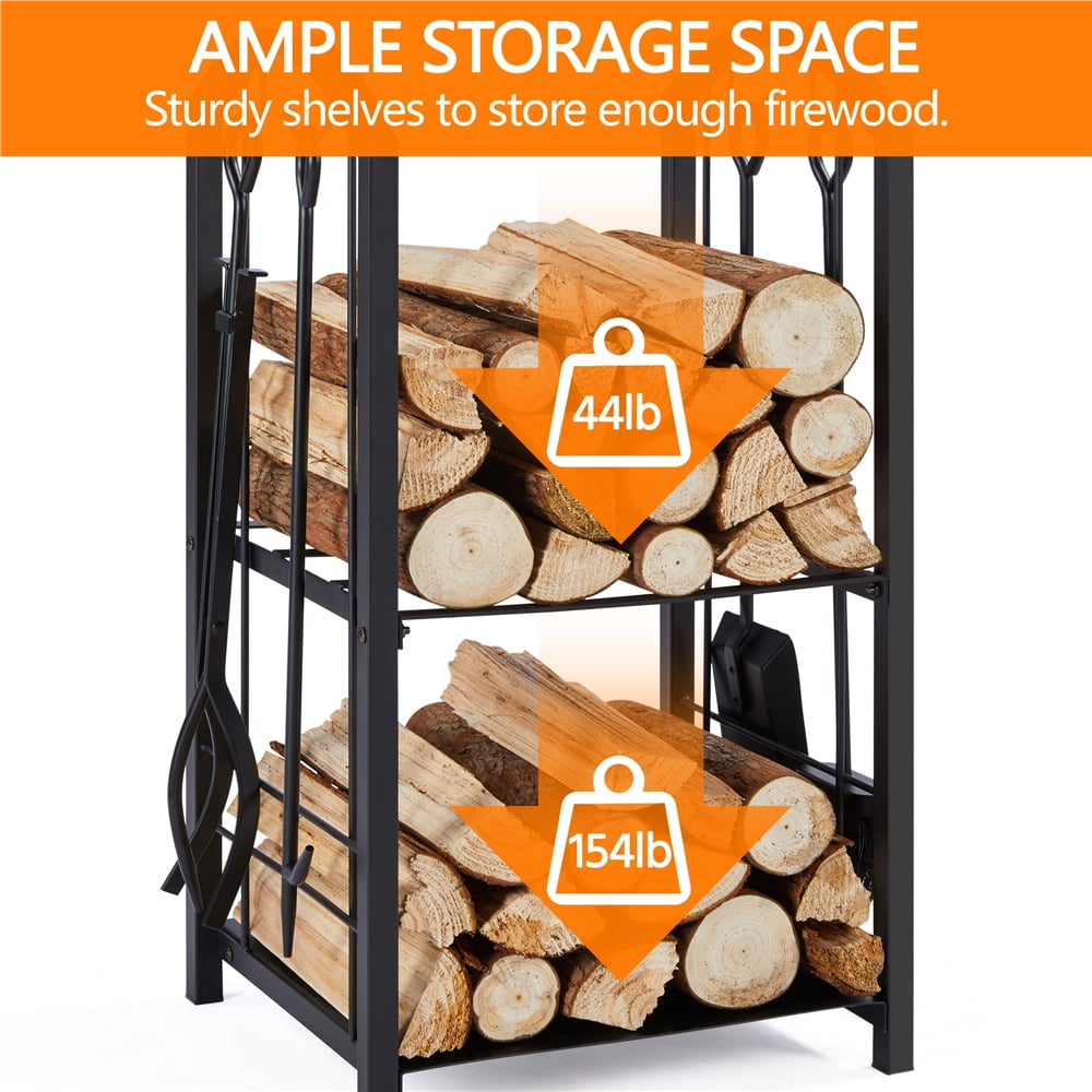 Easyfashion 2 Layer Metal Firewood Log Rack Hooks Set, Black