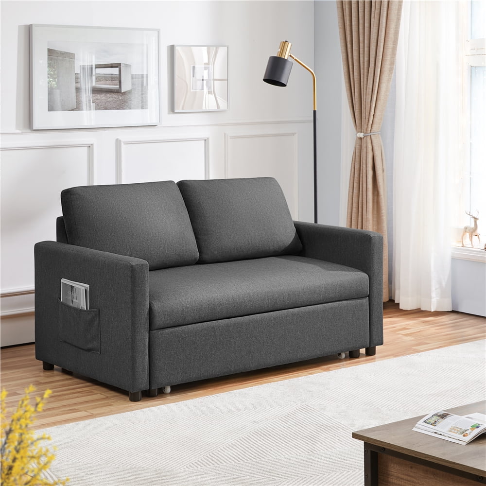 Topeakmart Convertible Sofa Bed Sleeper Sofa Trundle Loveseat with Pull-out Trundle Bed, Dark Gray