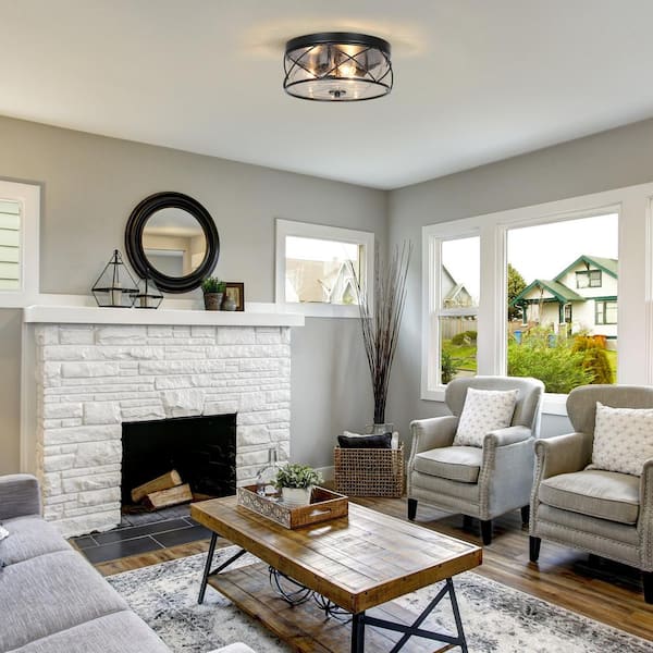 13 in. 3-Light Black Modern Farmhouse Foyer Flush Mount Ceiling Light with Clear Seeded Glass Shade and Cage Frame