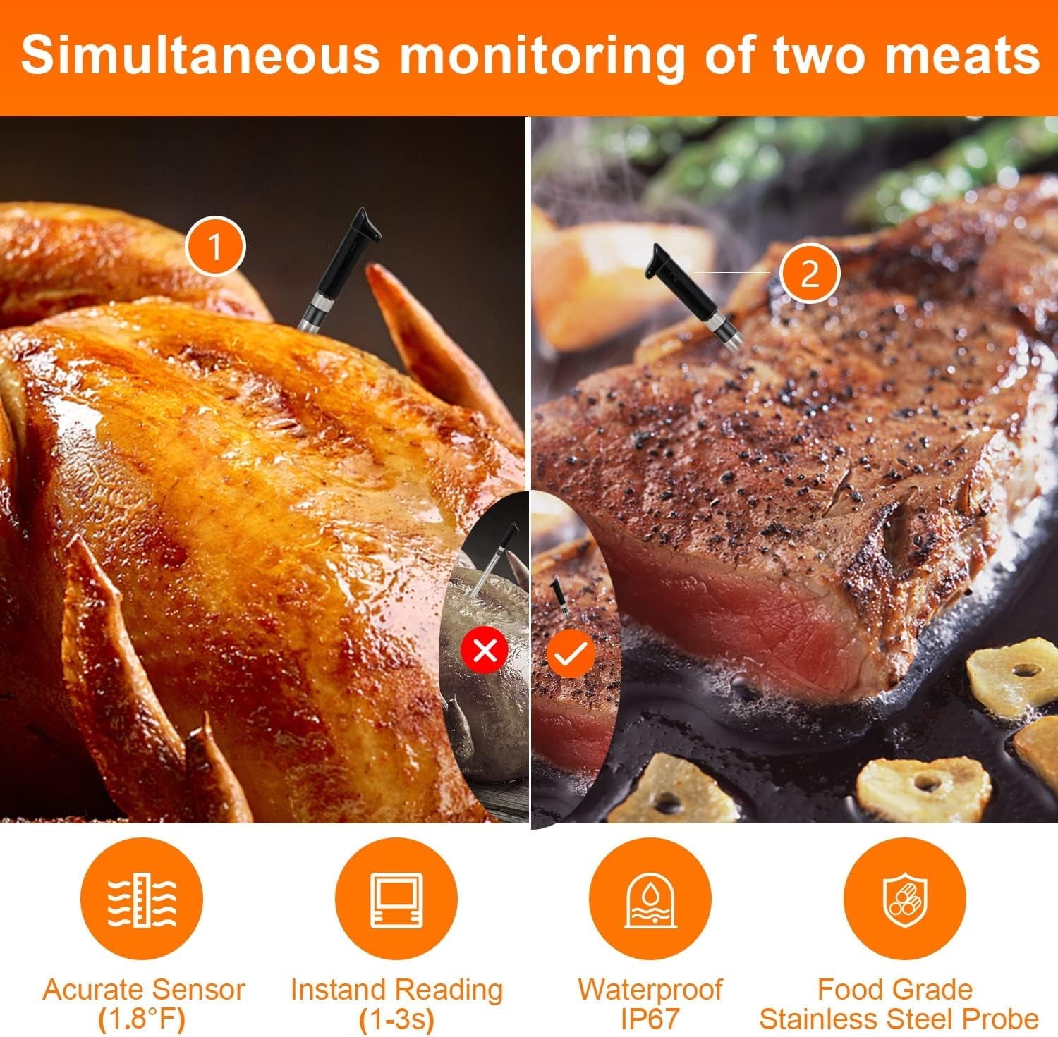 EPOGE Upgraded Smart Wireless Meat Thermometer with 2 Probes LED Remote for BBQ, Oven,Orange.
