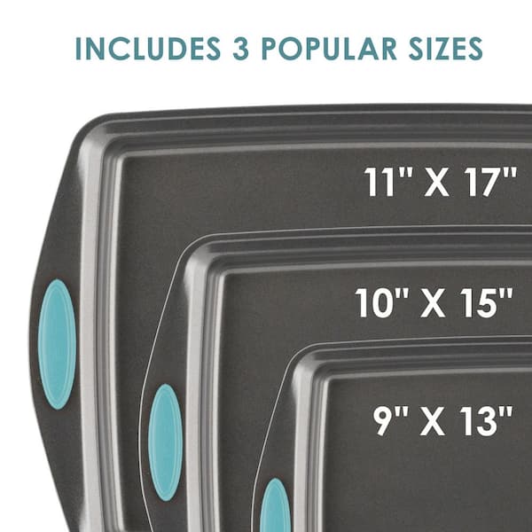 3-Piece Gray Nonstick Bakeware Cookie Pan Set with Agave Blue Silicone Grips