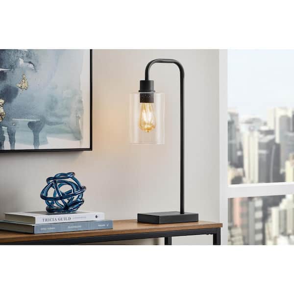Andra 22.5 in. Black Desk Lamp with Seeded Glass Shade and USB Port