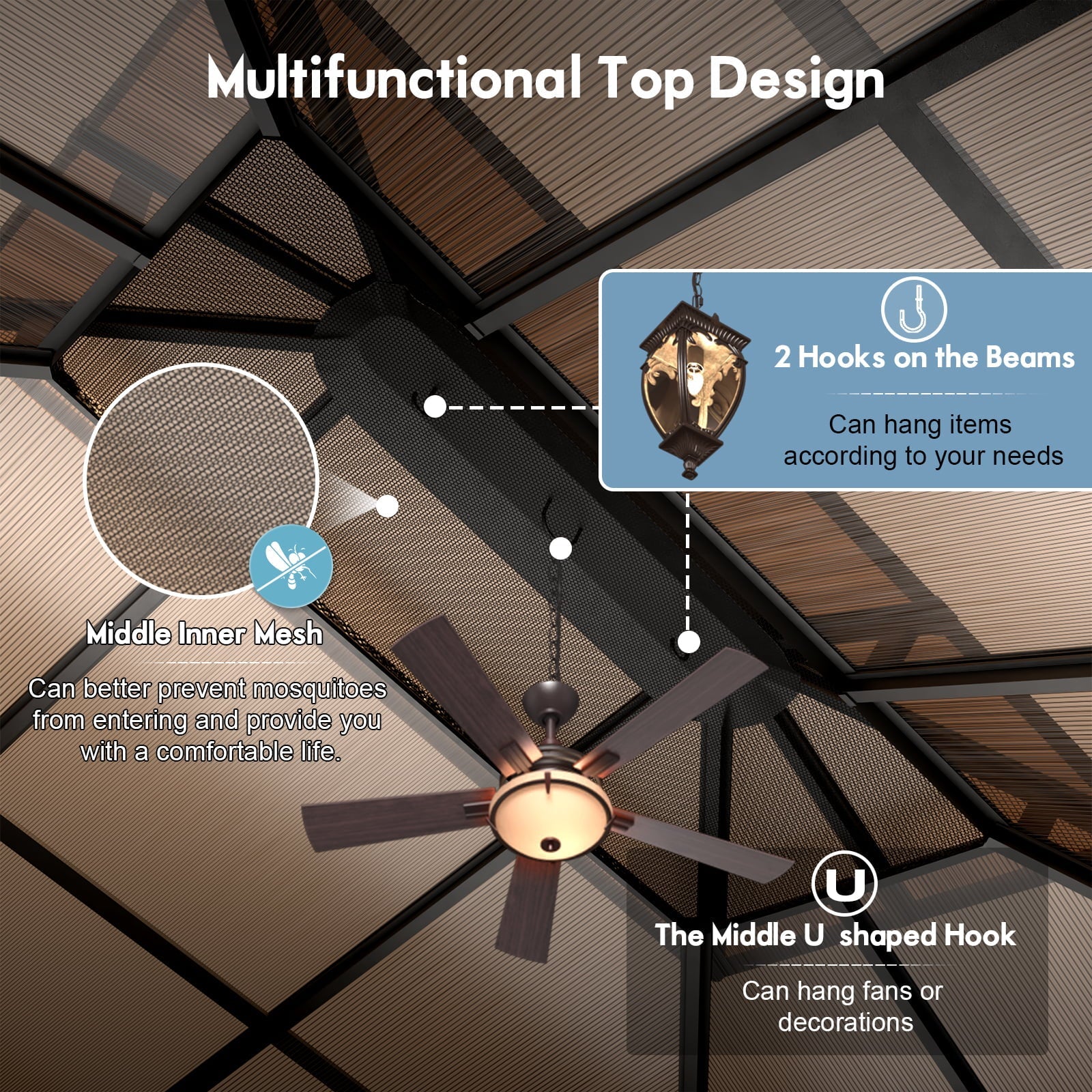 Aoxun 10 ft. x 13 ft. Hardtop Gazebo, Double Polycarbonate Roof Aluminum Frame Gazebo W/Curtain and Netting, Brown