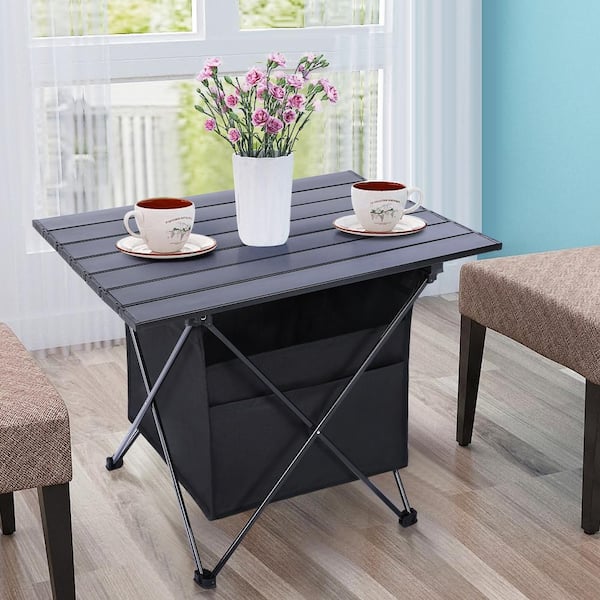 22 in. Black Rectangle Aluminum Alloy Picnic Table Seats 4 People with High-Capacity Storage and Carry Bag