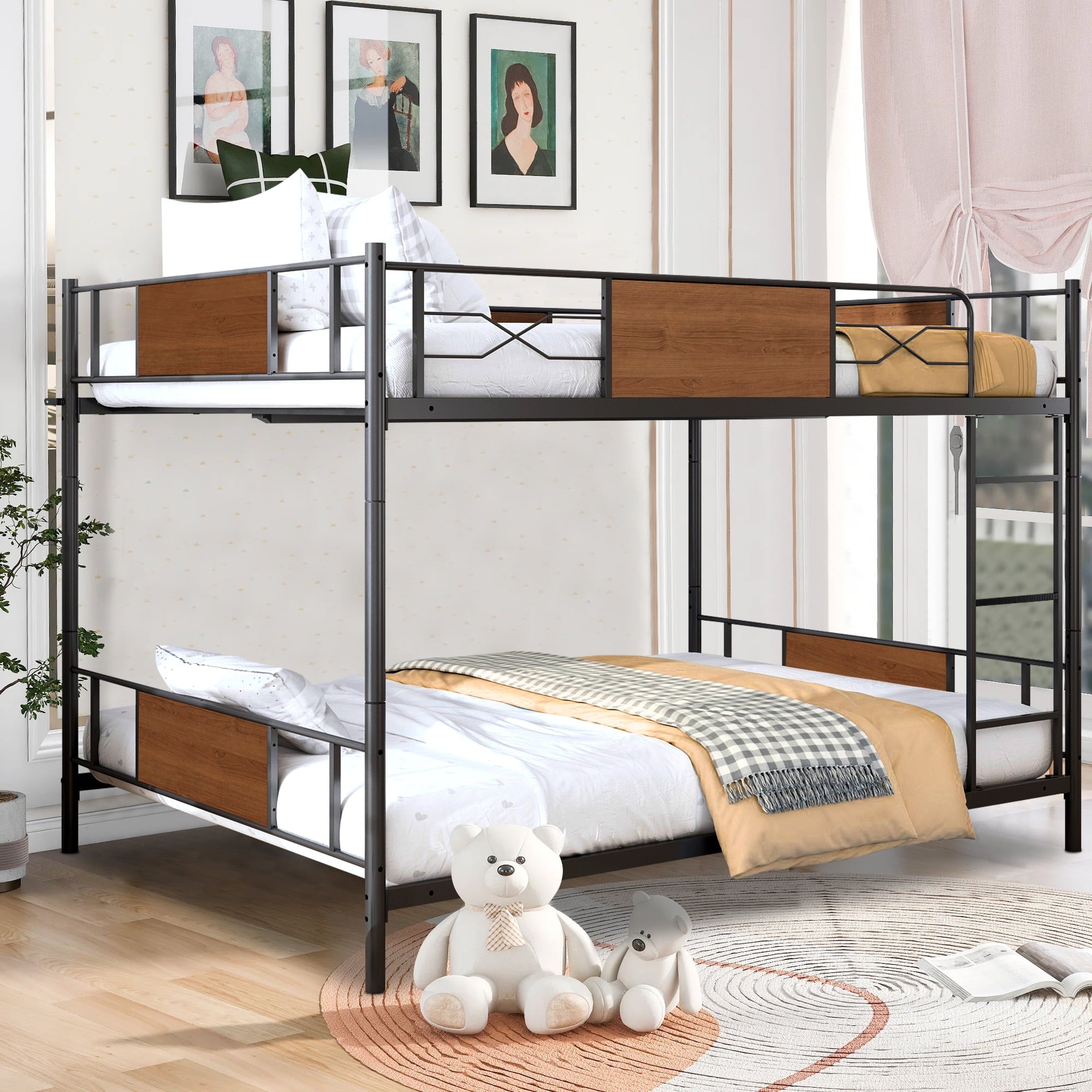 Full Over Full Metal Bunk Bed, HSUNNS Industrial Metal Low Bunk Bed for Kids Full Over Full, Modern Kids Convertible Bunkbed with Ladder, Guardrail, No Box Spring Need, Load-Bearing 400lb, Noise Free