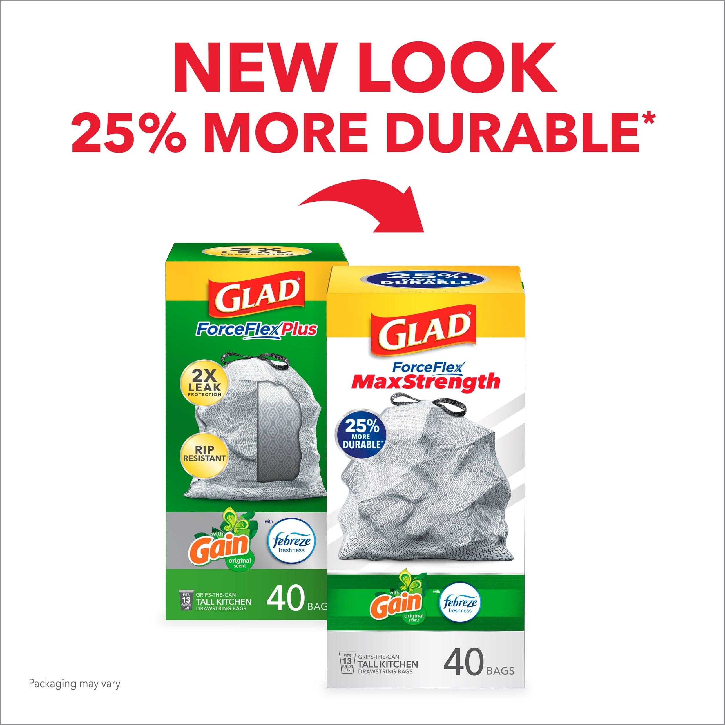 Glad ForceFlex MaxStrength Tall Kitchen Drawstring Trash Bags, 13 Gallon, Gain Original with Febreze Freshness, 40 Count