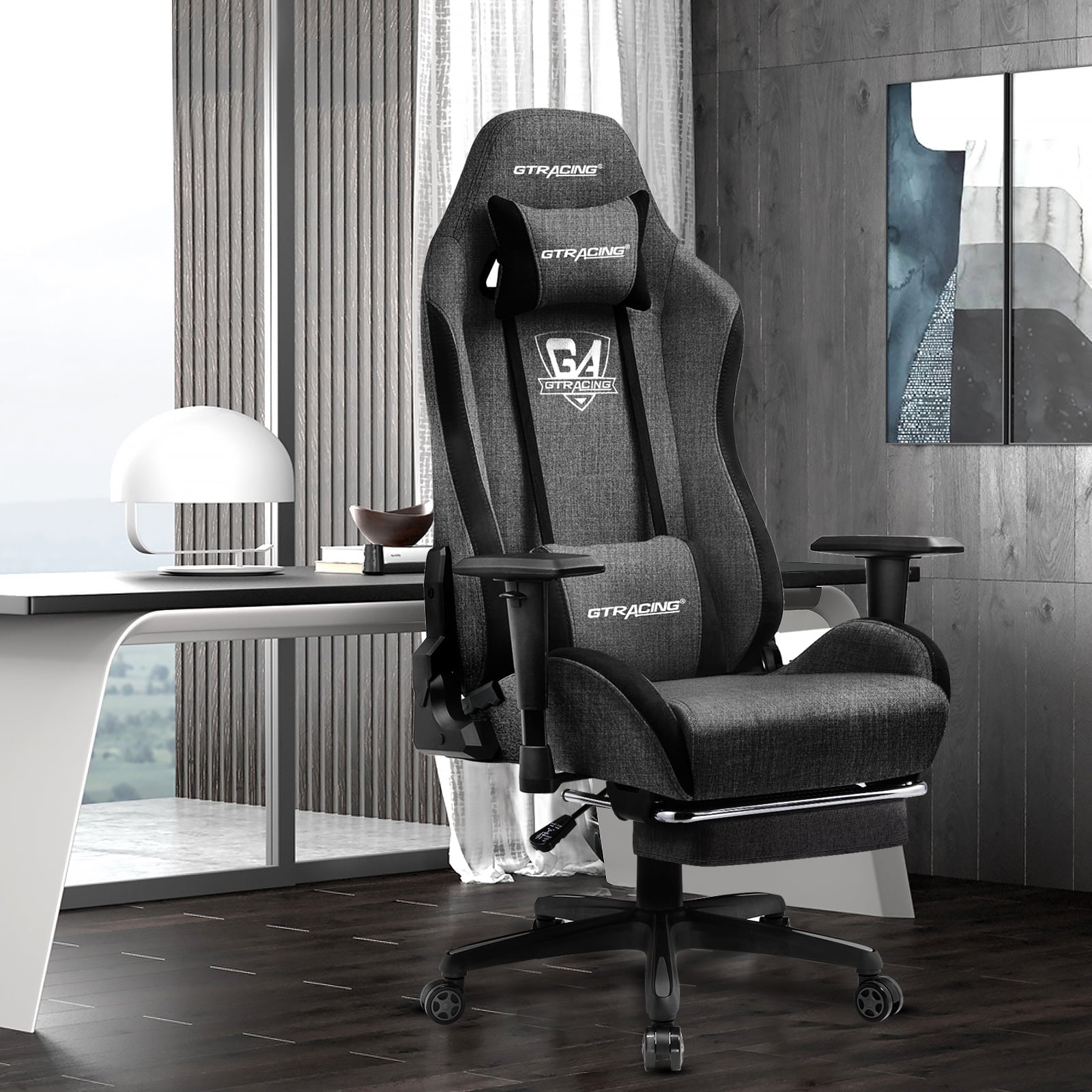 GTRACING Gaming Chair Fabric Height Adjustable Footrest Reclining Office Chair, Darkgray