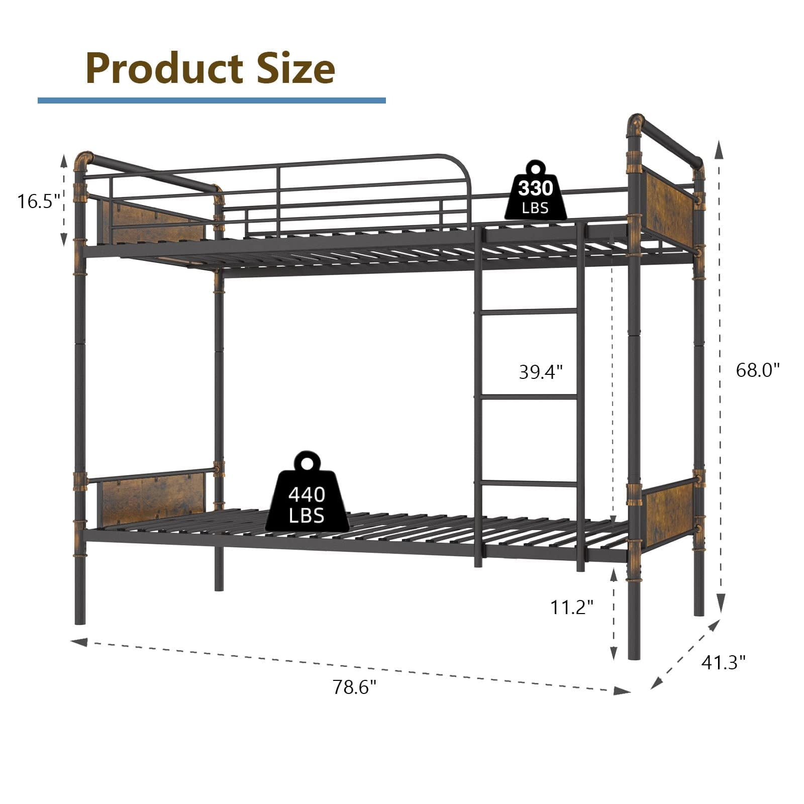 Alohappy Twin Over Twin Bunk Bed, Convertible Twin Bunk Beds Into 2 Individual Bed, Removable Ladder & Safety Guard Rail for Kids, Modern Industrial Style, Easy Assembly, No Box Spring Needed (Brown)