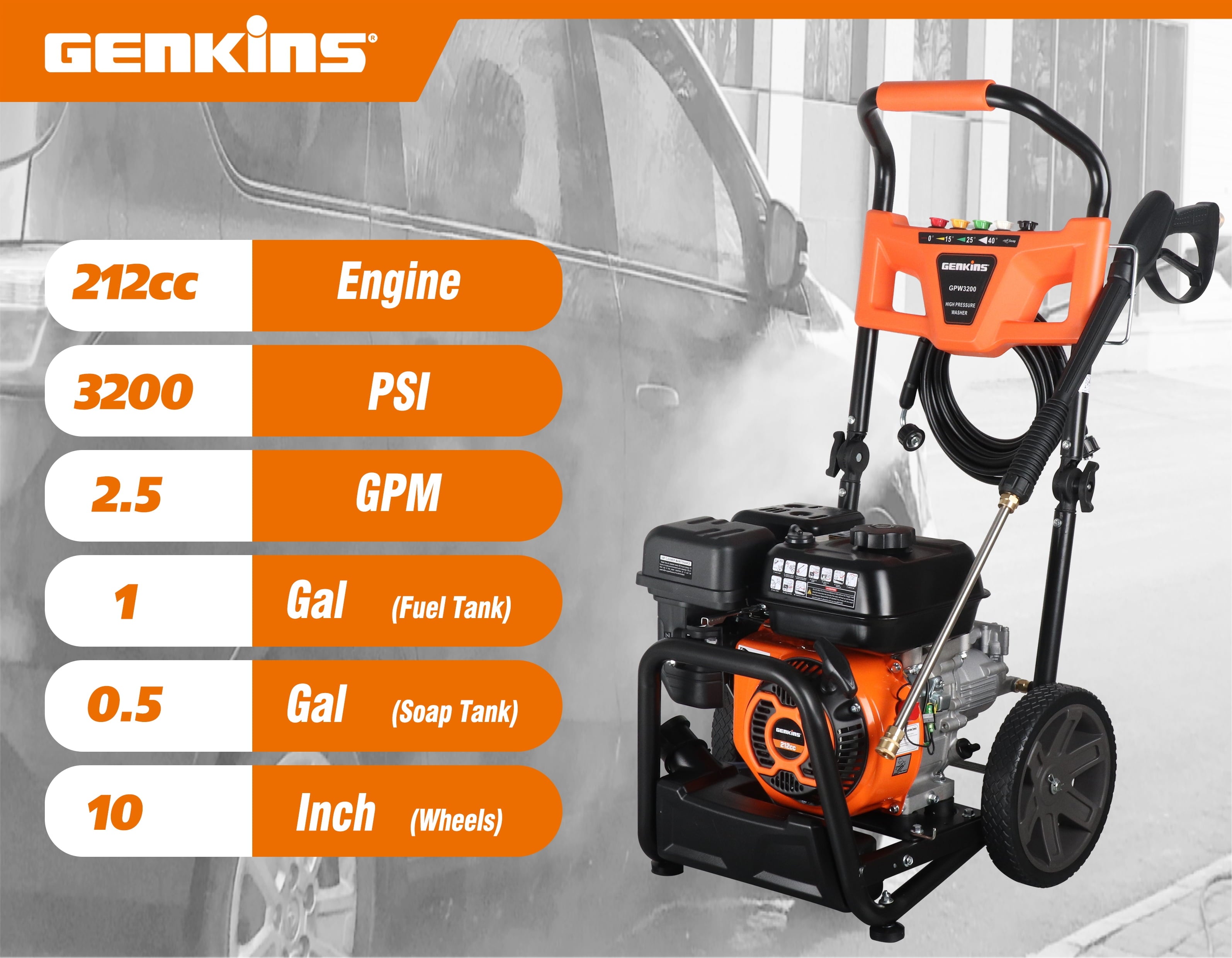 Genkins GPW3200 Gas Powered Foldable Pressure Washer 3200 PSI and 2.5 GPM, Soap Tank and Five Nozzle Set | Compact & Foldable