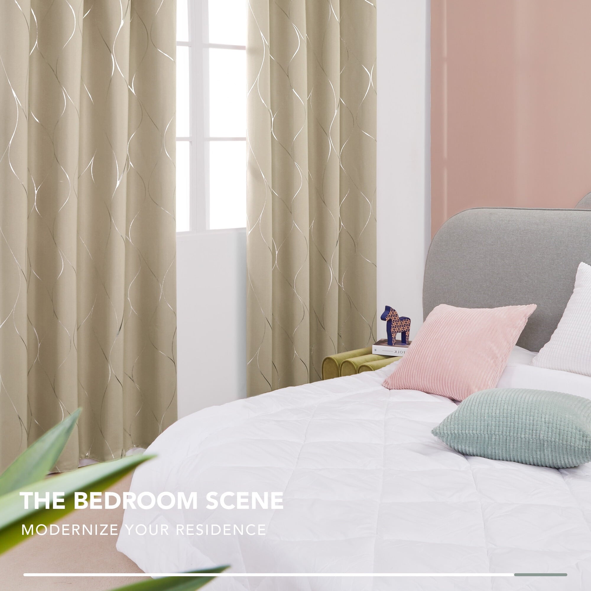 Deconovo Silver Wave Foil Print Blackout Curtains Grommet Light Blocking Curtain Room Darkening Noise Reducing WindoWDraperies 52Wx 84L inch Set of 2 Panels Khaki