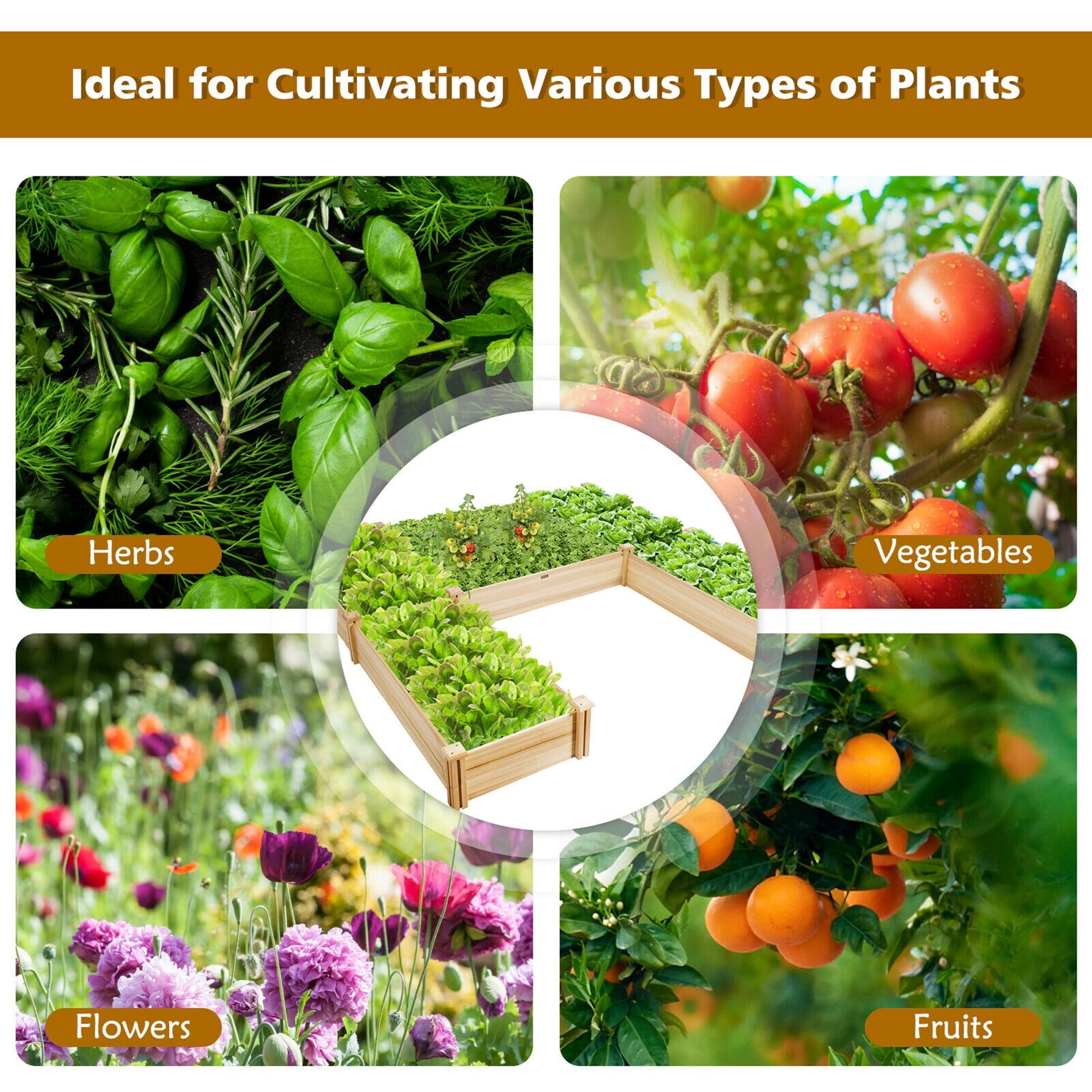 Gymax Raised Garden Bed Wooden Garden Box Planter Container U-Shaped Bed 92.5x95x11in