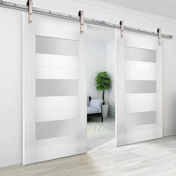 64 in. x 96 in. Single Panel White Solid MDF Sliding Doors with Double Barn Stainless Hardware