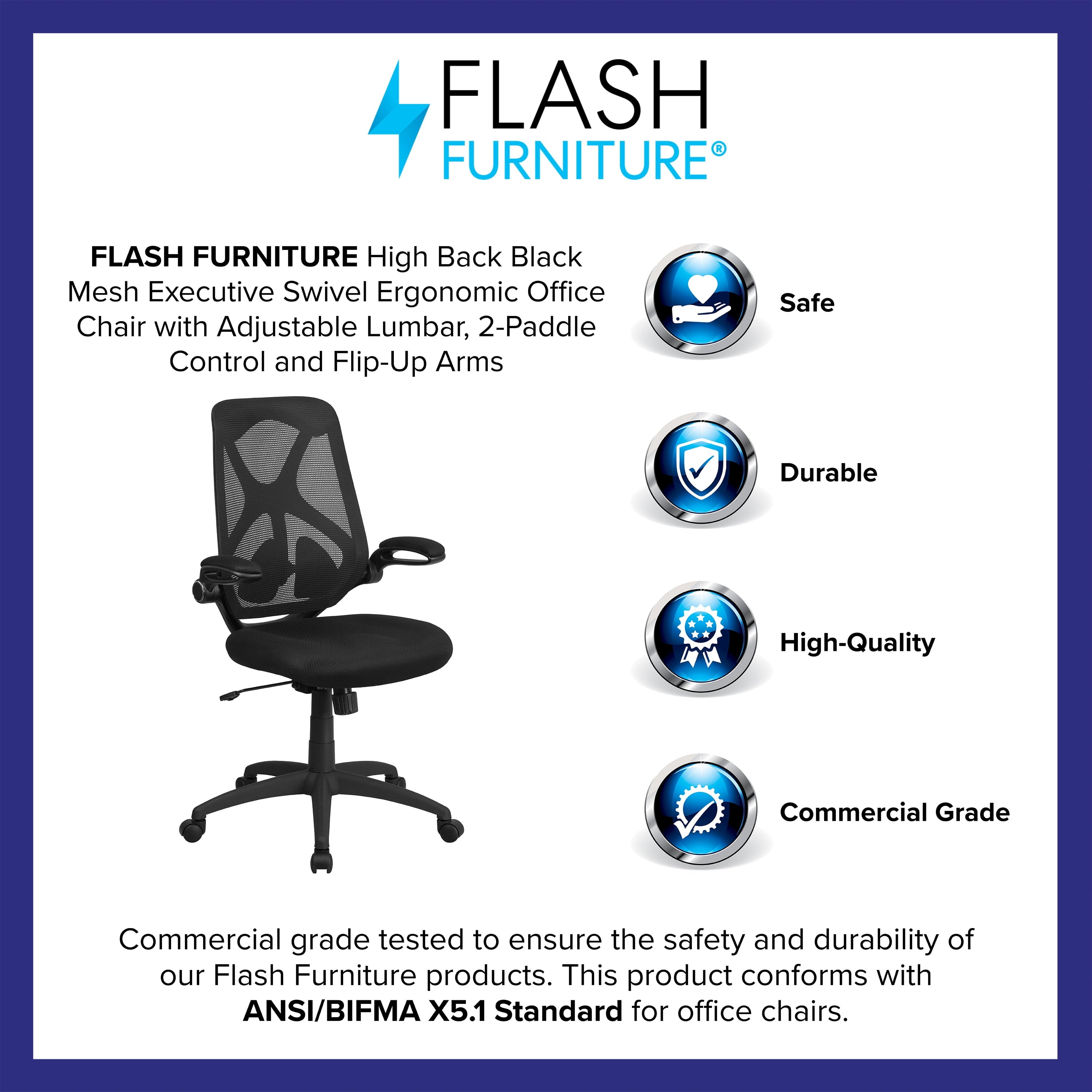 Flash Furniture Kimble High Back Black Mesh Executive Swivel Ergonomic Office Chair with Adjustable Lumbar, 2-Paddle Control and Flip-Up Arms