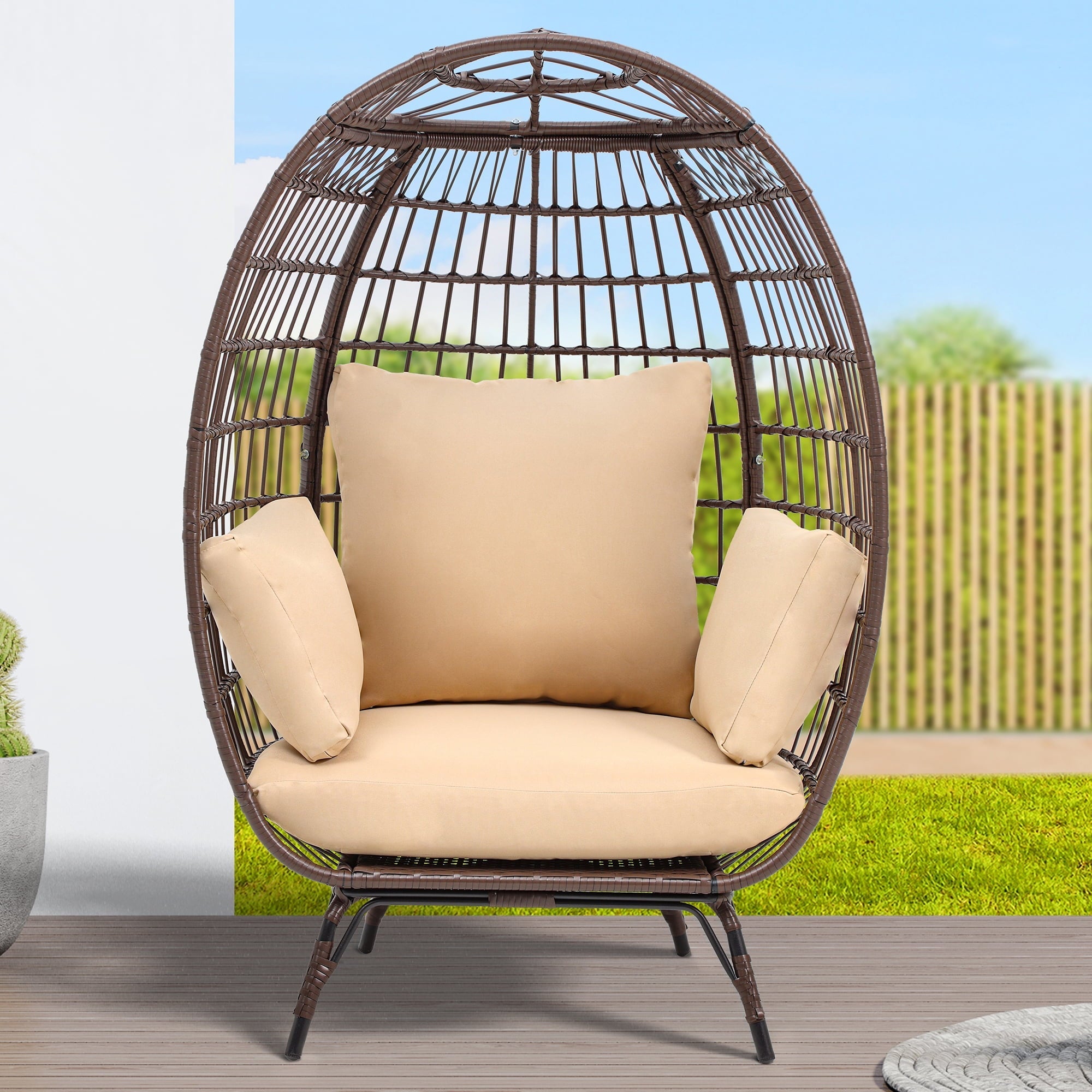 Dextrus Egg Chair Outdoor Egg Lounge Chair with Cushion Wicker Chair PE Rattan Chair for Patio, Garden, Backyard, Porch-Beige