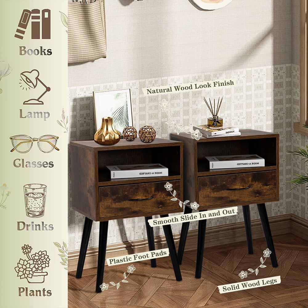 Sesslife Night Stand Set of 2, Solid Metal Legs Furniture Bedside Table, Modern End Side Table with a Drawer and Shelf, Versatile Nightstand for Bedroom Sofa Entryway, Brown