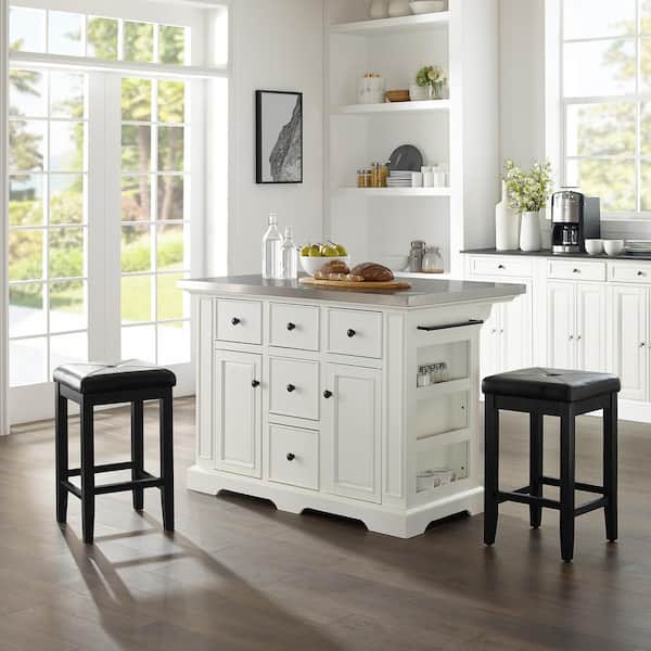 Julia White Kitchen Island with Square Stools
