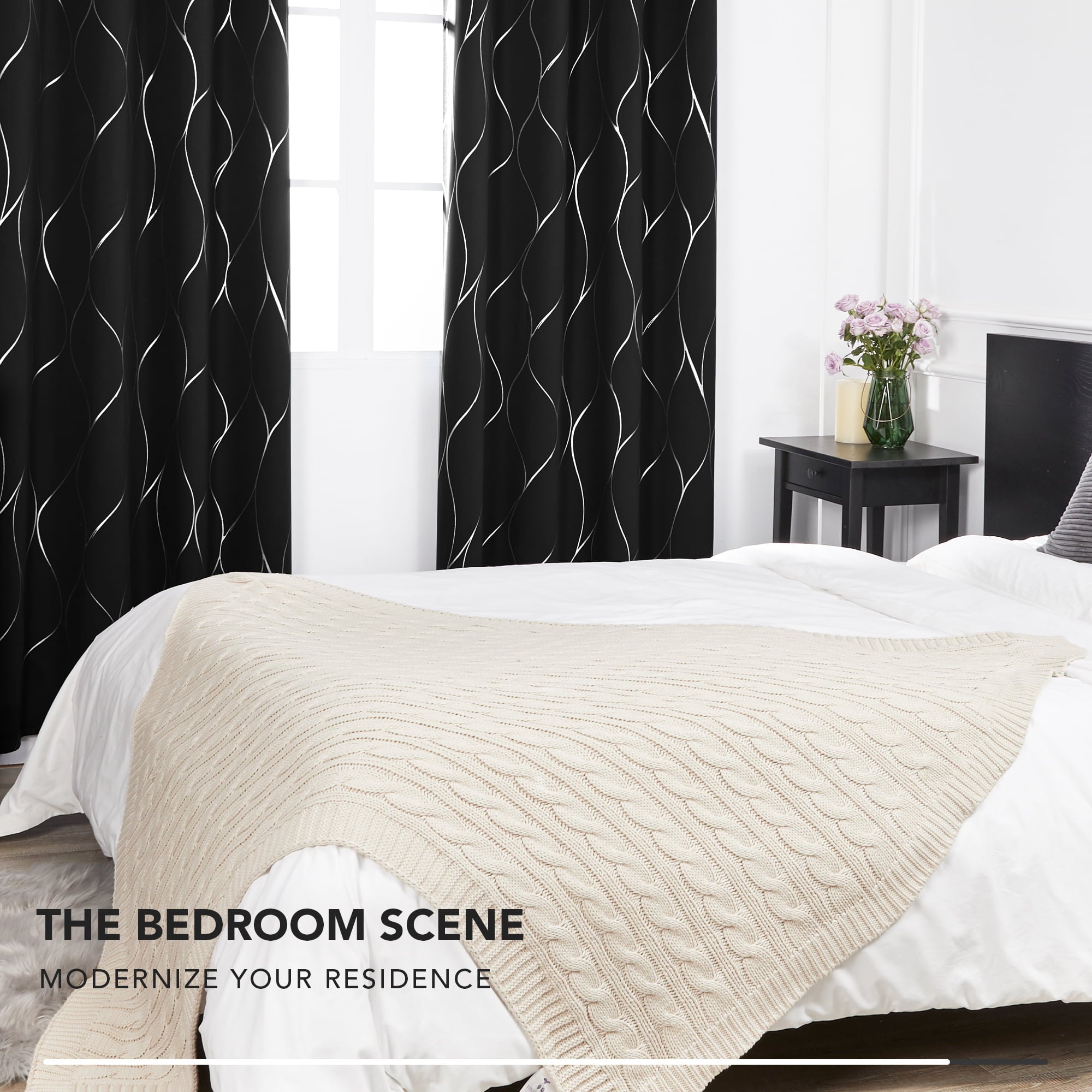 Deconovo Grommet Blackout Curtains Noise Reducing Curtain Silver Foil Wave Print Room Darkening Window Panel Thermal Insulated Drapes 52W x 72L inches Black Set of 2 Panels