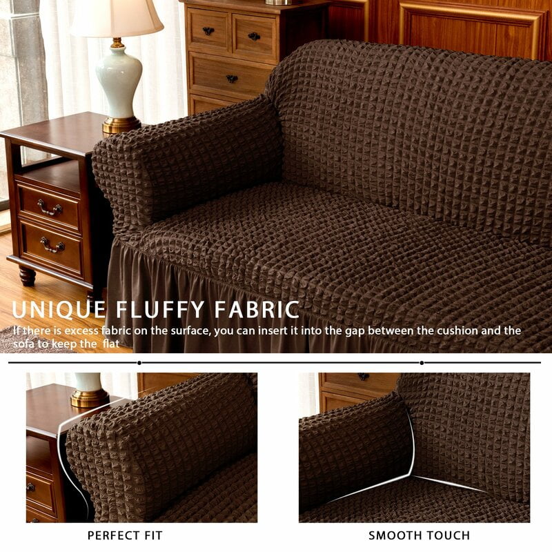 Subrtex Stretch 1-Piece Pleated Ruffled Skirt Sofa Slipcover, Chocolate