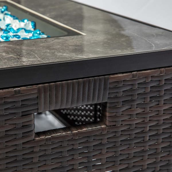 32 in. Brown Rectangle Wicker Ceramic Tile Metal Fire Pit Table