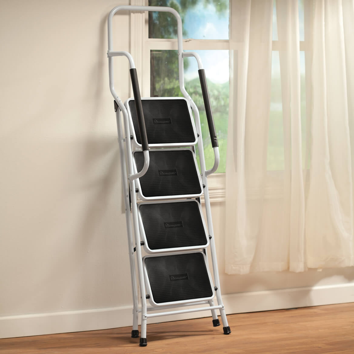LivingSURE Folding 4-Step Safety Ladder - Heavy Duty Steel, Anti-Slip Treads, Padded Handrails - Space Saving Design - Perfect for Home, Kitchen, Office - 32 x 21 x 66 inches