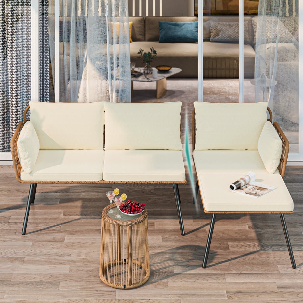 Dextrus L-Shaped Patio Sofa, All-Weather Wicker Patio Conversation Set with Tempered Glass Table & Cushions