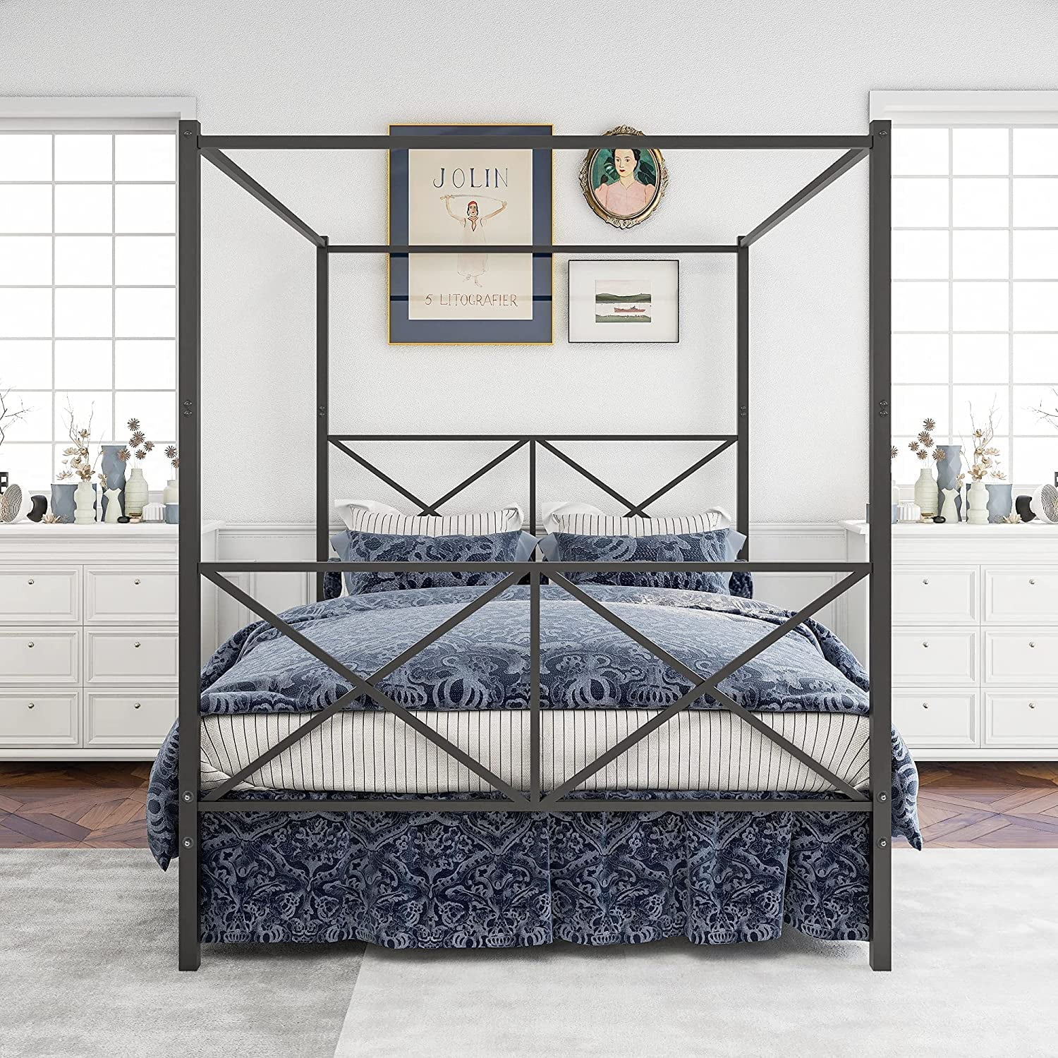 Dasyfly Metal 4 Poster Canopy Bed with Crisscross Headboard and Footboard - Queen (Black)