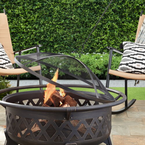 Round Lattice Wood Burning Fire Pit with Cover, Antique Bronze 35"
