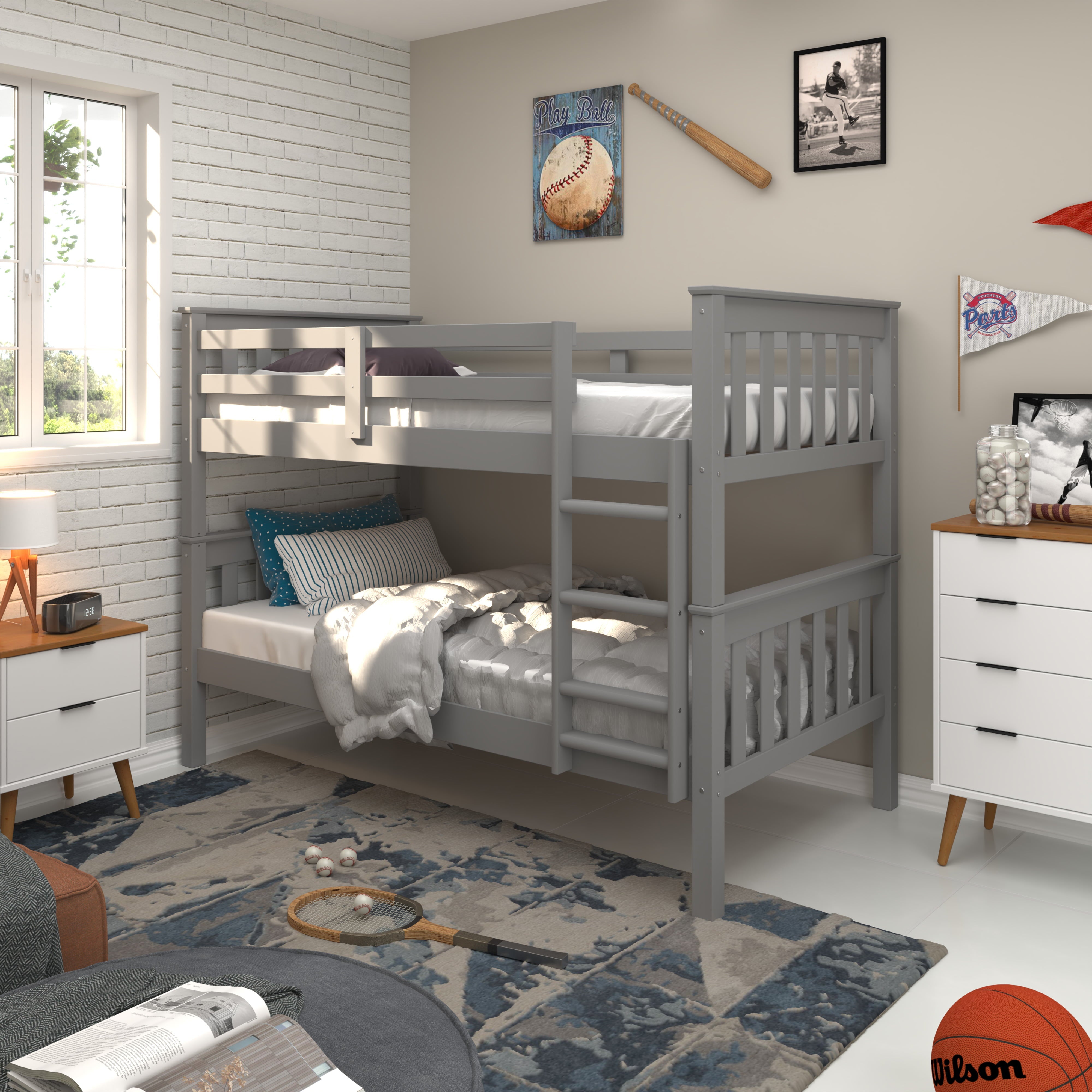 Solid Wood Sturdy Twin Over Twin Bunkbed with Ladder and Safety Rail Grey